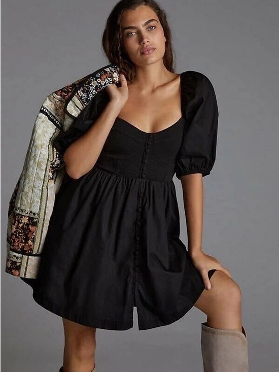 Maeve Dresses & Skirts - Maeve Black Puff-Sleeve Sweetheart Mini Dress - NWOT
